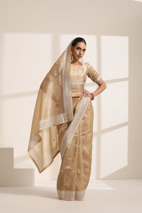 Golden Chiffon Embroidered Saree with Silver Border