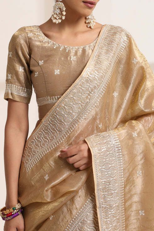 Golden Chiffon Embroidered Saree with Silver Border