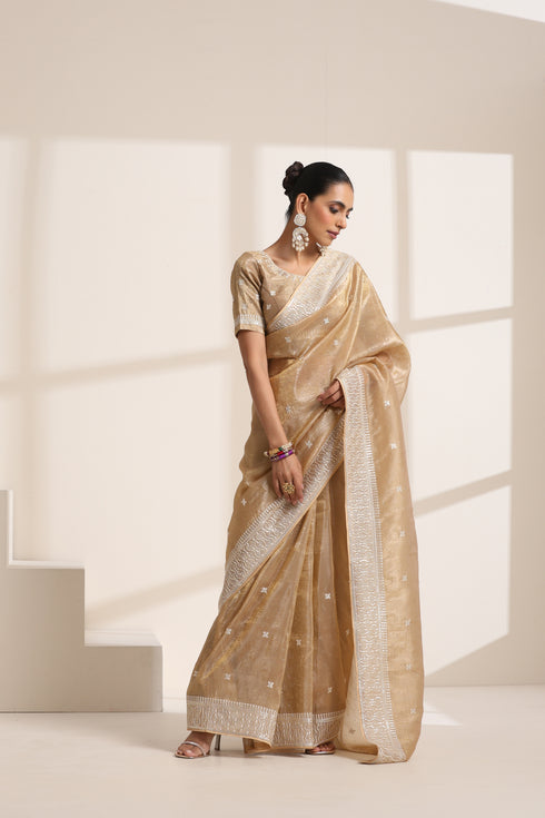 Golden Chiffon Embroidered Saree with Silver Border