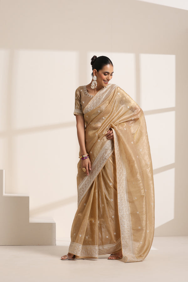 Golden Chiffon Embroidered Saree with Silver Border