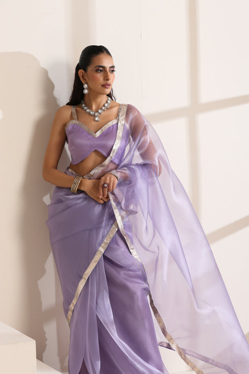 Purple Organza Saree with Silver Border