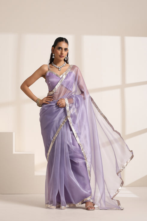 Purple Organza Saree with Silver Border