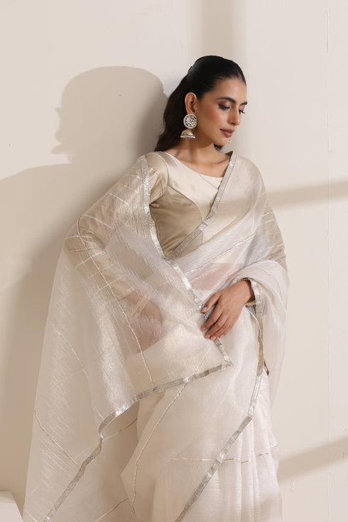 Ivory Crush Saree with Silver Border