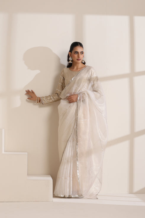 Ivory Crush Saree with Silver Border