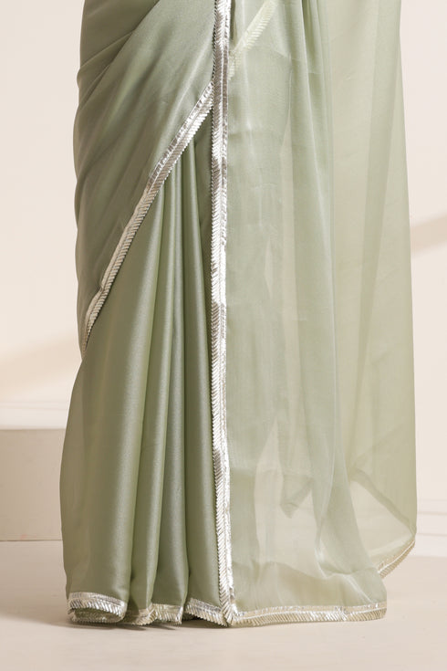 Light Green Silk Saree with Silver Border