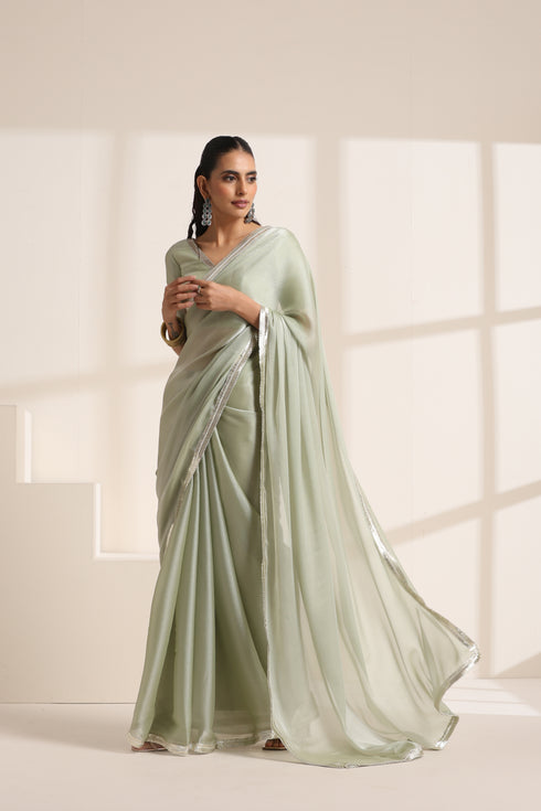Light Green Silk Saree with Silver Border
