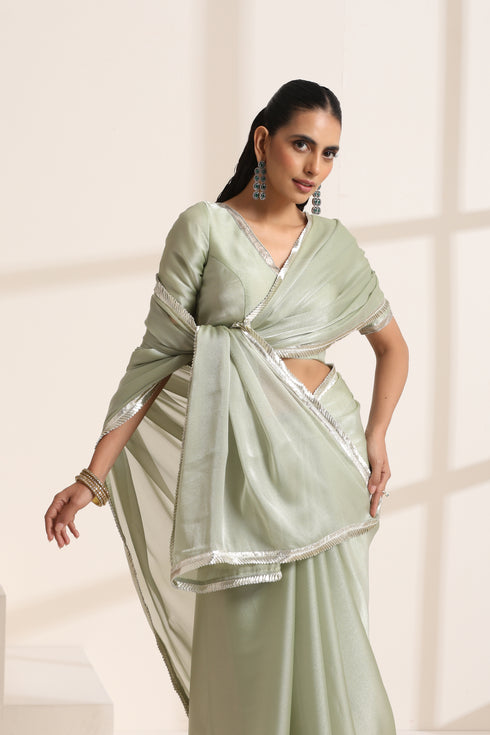 Light Green Silk Saree with Silver Border