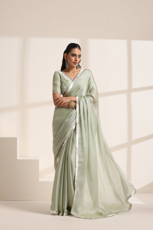 Light Green Silk Saree with Silver Border