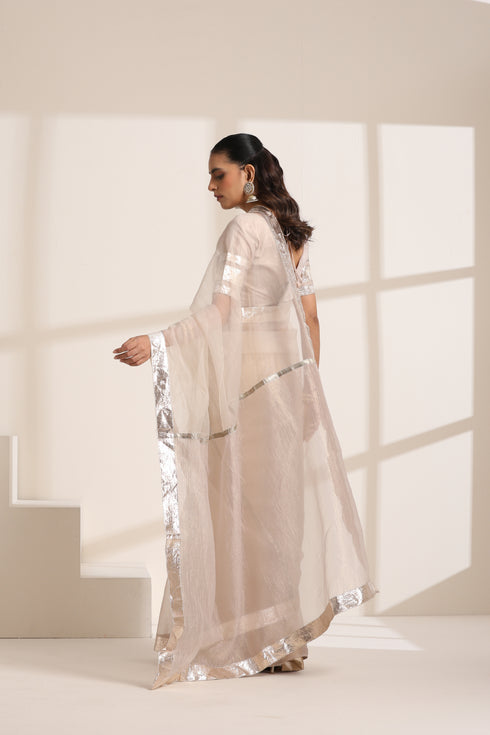 Cream Organza Saree with Silver Border