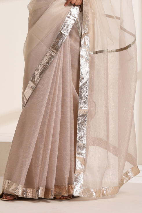 Cream Organza Saree with Silver Border