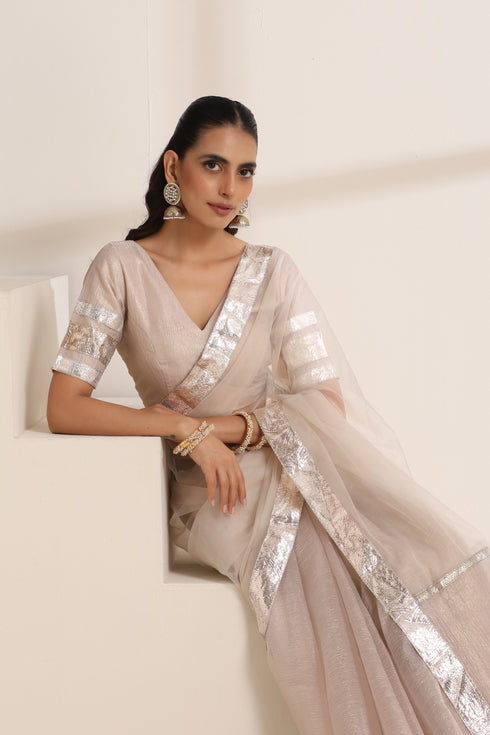 Cream Organza Saree with Silver Border