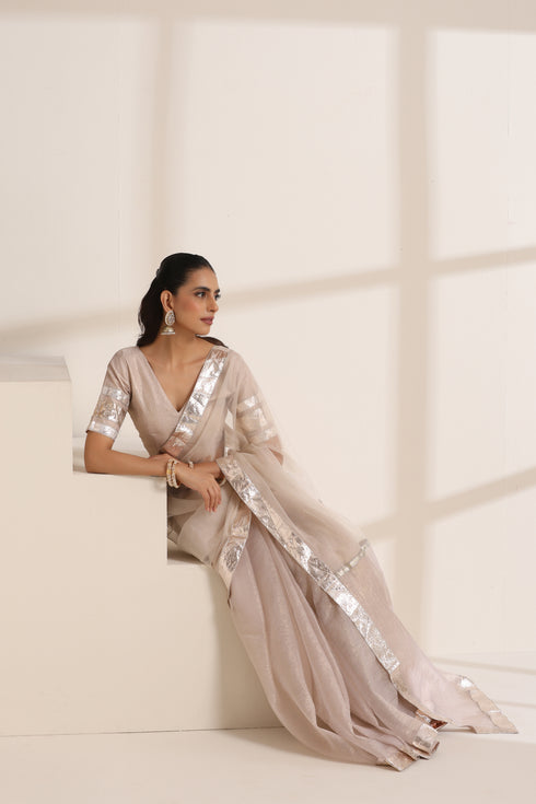 Cream Organza Saree with Silver Border