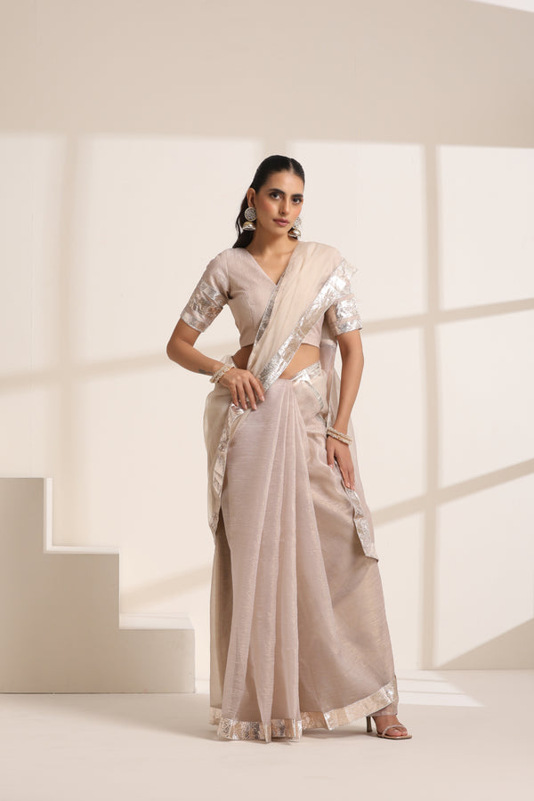 Cream Organza Saree with Silver Border