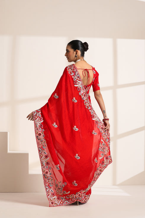 Red Pure Silk Saree with Colorful Embroidery