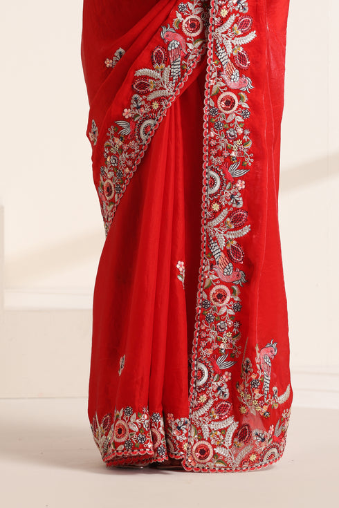 Red Pure Silk Saree with Colorful Embroidery