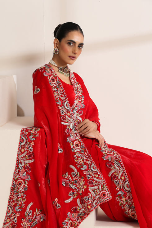 Red Pure Silk Saree with Colorful Embroidery