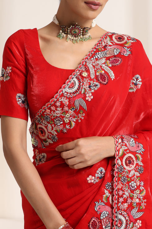 Red Pure Silk Saree with Colorful Embroidery