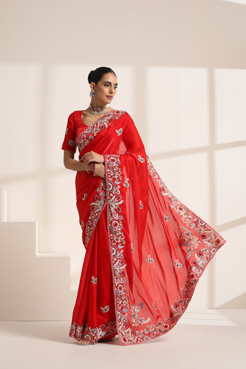 Red Pure Silk Saree with Colorful Embroidery