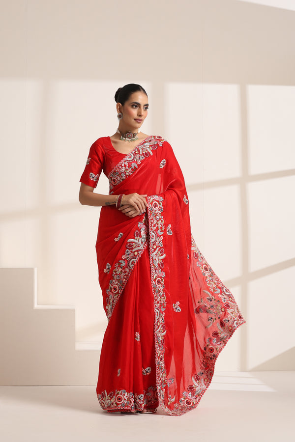 Red Pure Silk Saree with Colorful Embroidery
