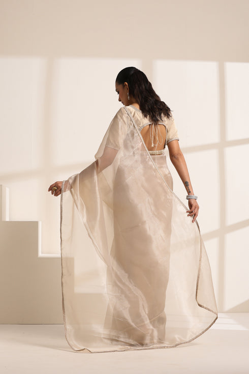 Cream Organza Saree with Pearl Border
