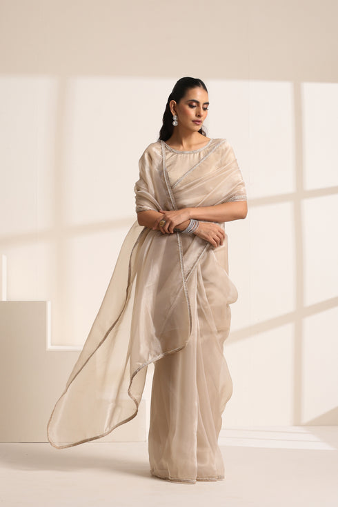 Cream Organza Saree with Pearl Border