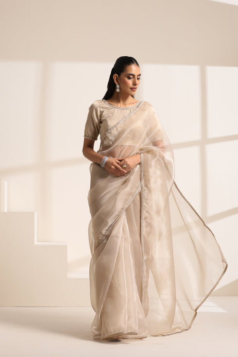 Cream Organza Saree with Pearl Border