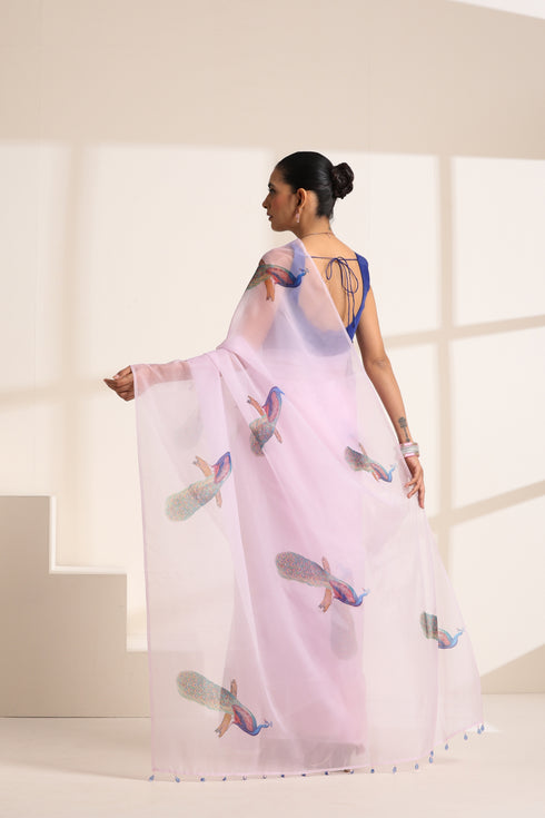 Light Pink Silk Organza Saree with Peacock Print