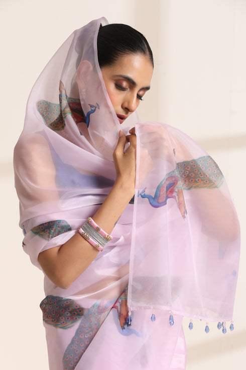 Light Pink Silk Organza Saree with Peacock Print