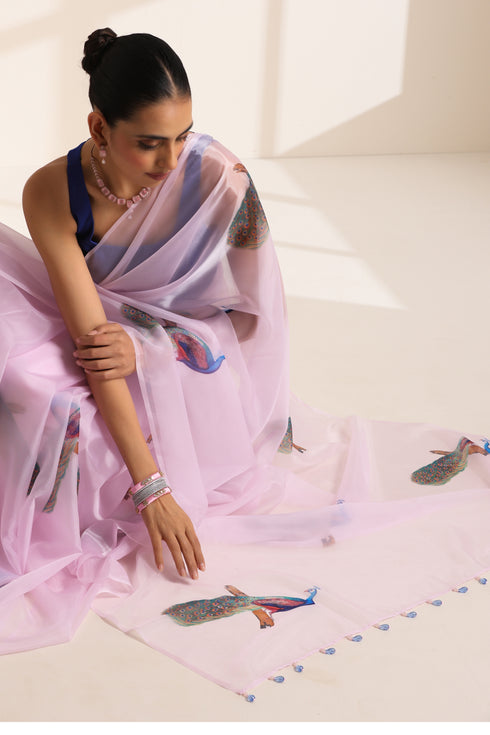 Light Pink Silk Organza Saree with Peacock Print