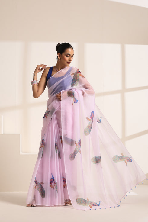 Light Pink Silk Organza Saree with Peacock Print