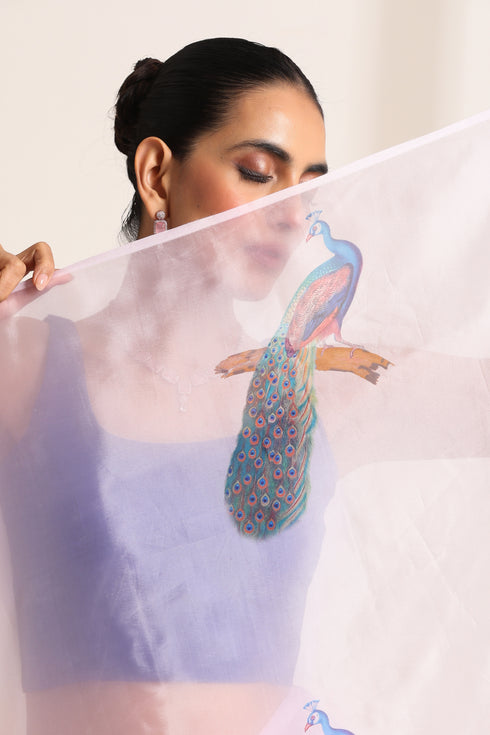 Light Pink Silk Organza Saree with Peacock Print