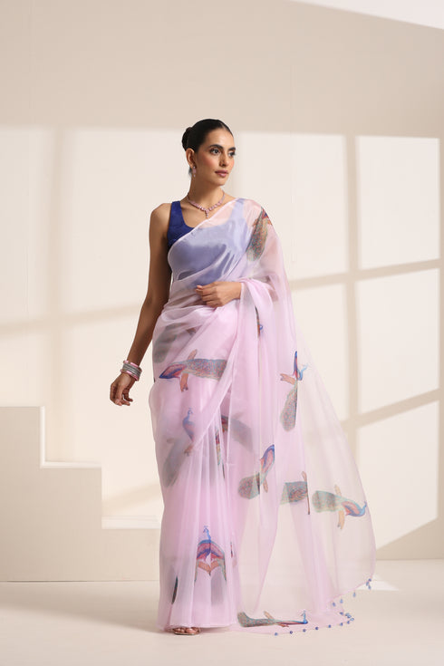 Light Pink Silk Organza Saree with Peacock Print