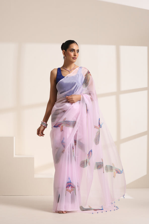 Light Pink Silk Organza Saree with Peacock Print