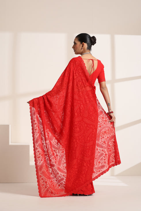 Red Georgette Saree with Embroidery Work