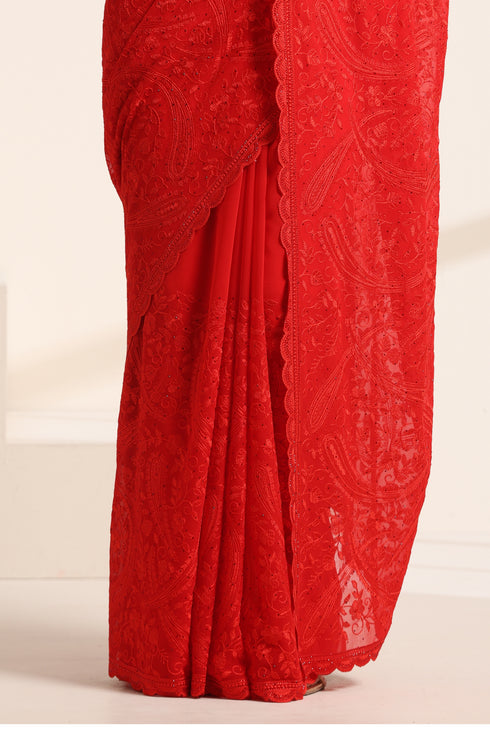 Red Georgette Saree with Embroidery Work