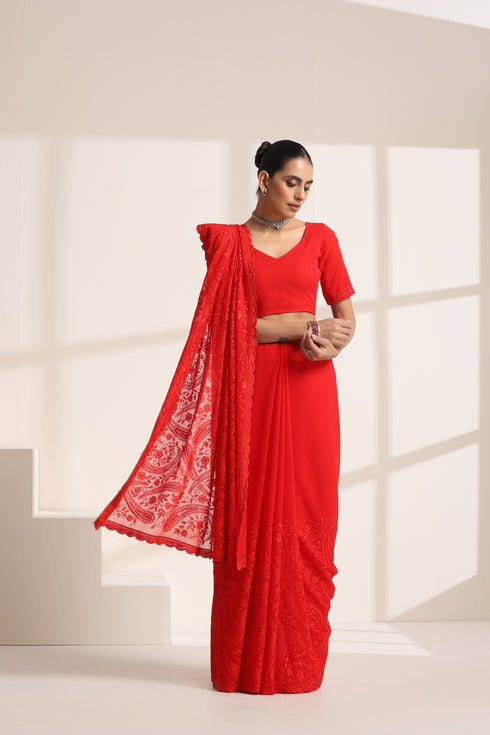 Red Georgette Saree with Embroidery Work