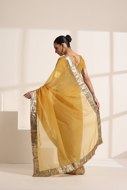 Mustard Yellow Silk Organza Saree with Golden Border