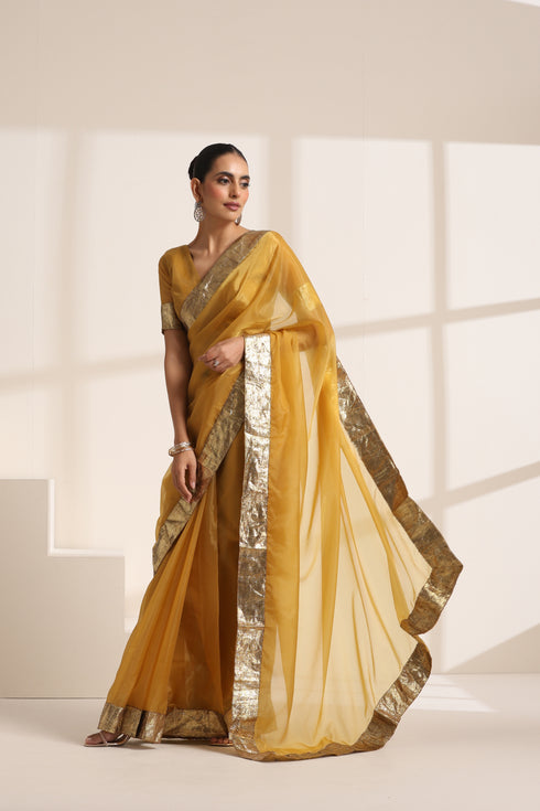 Mustard Yellow Silk Organza Saree with Golden Border