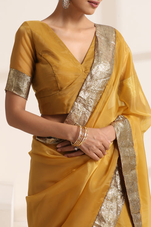 Mustard Yellow Silk Organza Saree with Golden Border