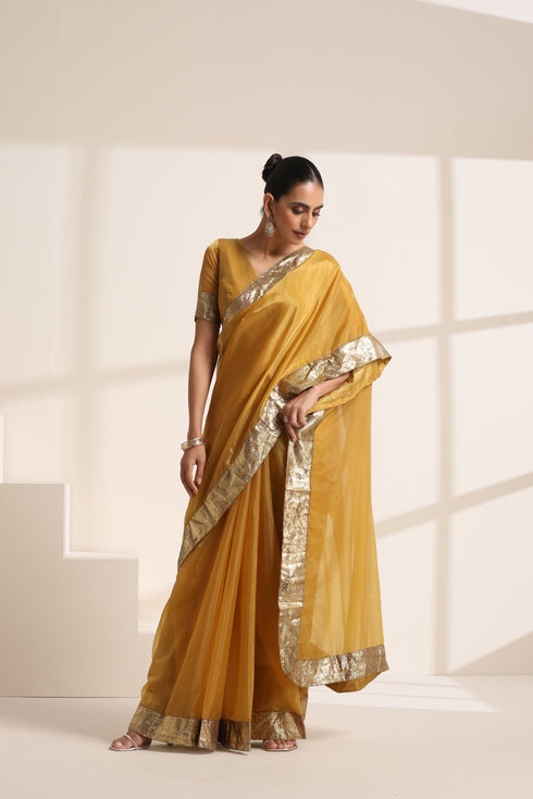 Mustard Yellow Silk Organza Saree with Golden Border