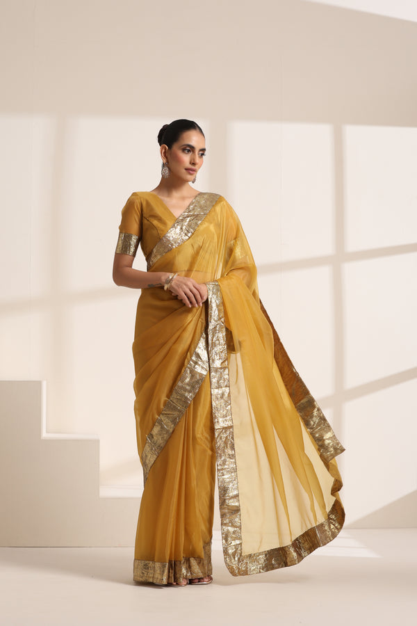 Mustard Yellow Silk Organza Saree with Golden Border
