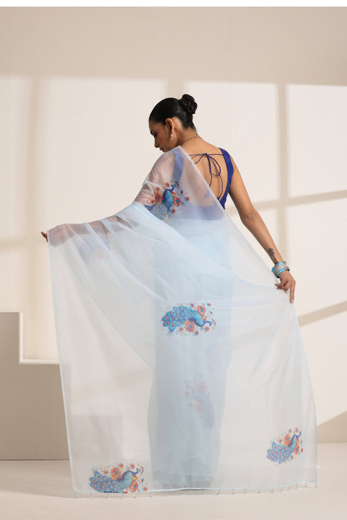 Sky Blue Silk Organza Saree with Peacock Print
