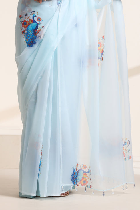 Sky Blue Silk Organza Saree with Peacock Print