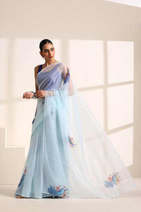 Sky Blue Silk Organza Saree with Peacock Print