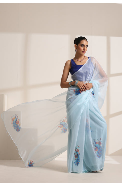 Sky Blue Silk Organza Saree with Peacock Print