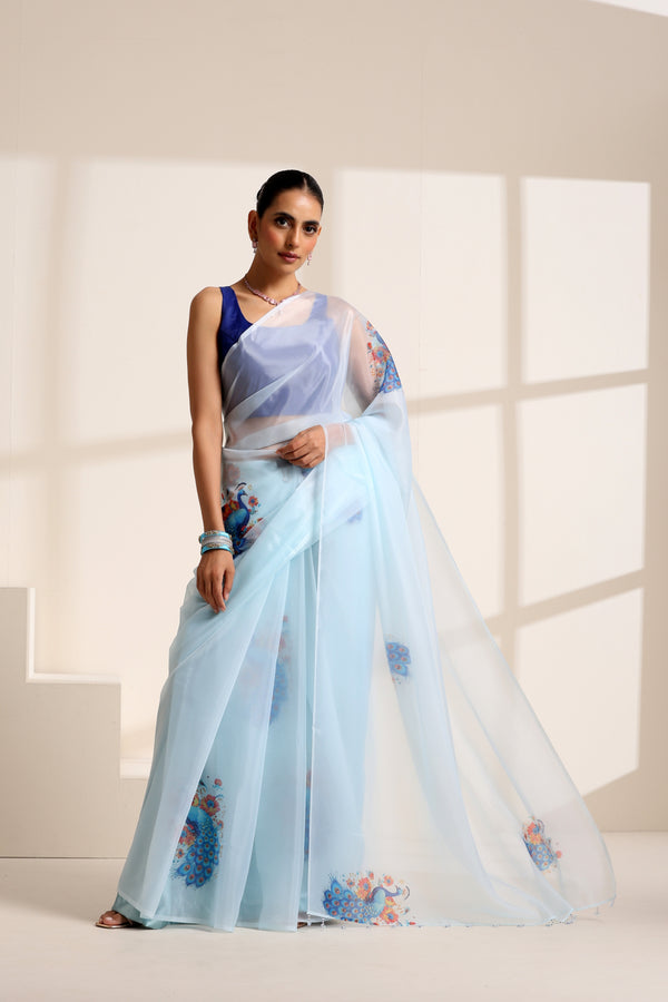 Sky Blue Silk Organza Saree with Peacock Print