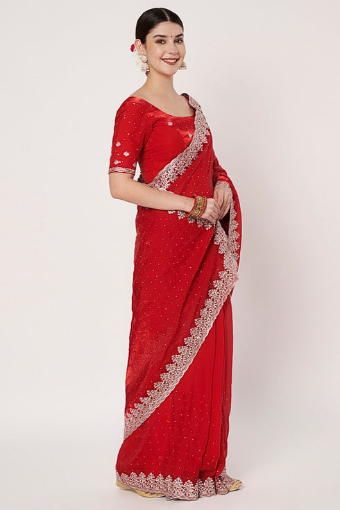 Red Georgette Saree with Heavy Embroidered Border