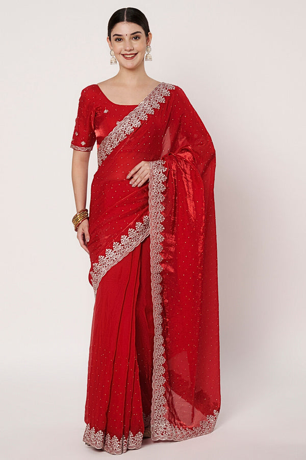 Red Georgette Saree with Heavy Embroidered Border