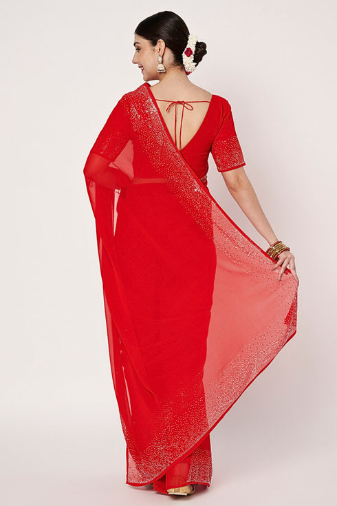Designer Red Georgotte Saree With Siroski Border