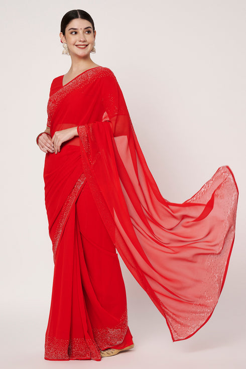 Designer Red Georgotte Saree With Siroski Border